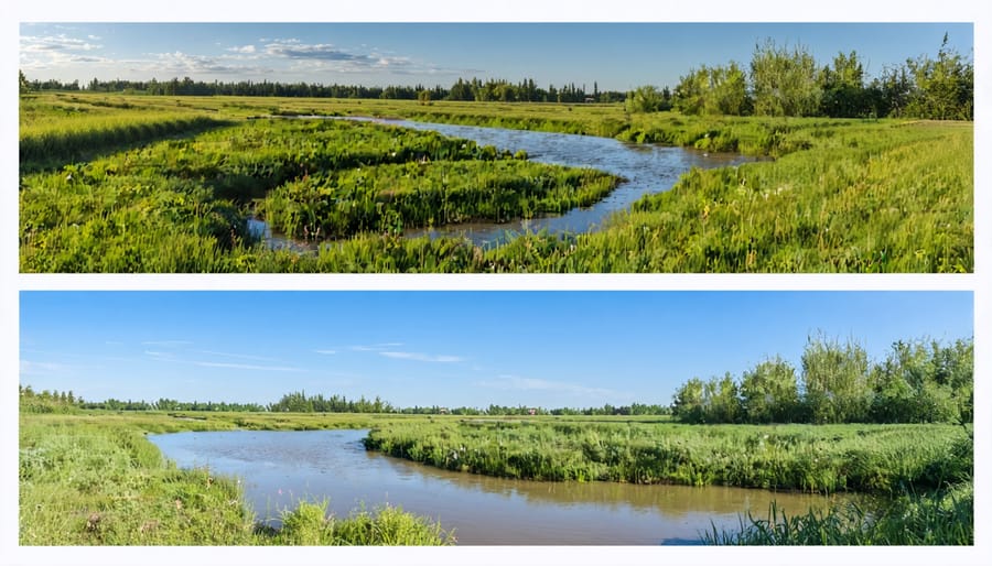 Side-by-side comparison showing streambank erosion before buffer installation and healthy vegetation after implementation