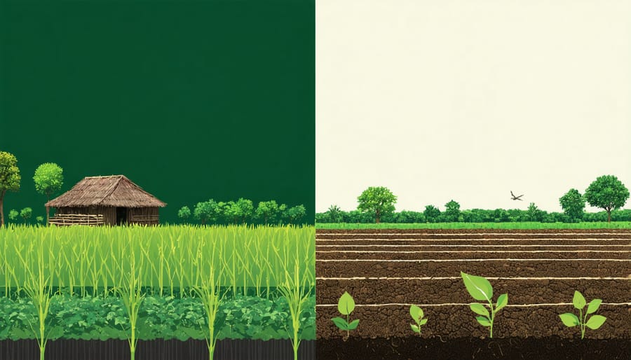 Comparative visualization of traditional versus sustainable farming methods with carbon credit metrics