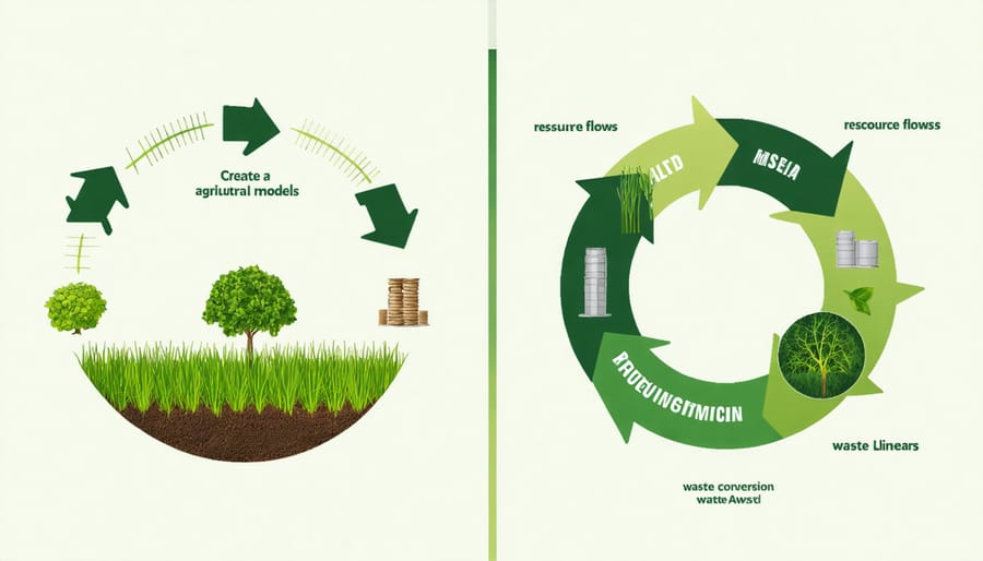 Diagram comparing traditional linear farming with circular agriculture systems