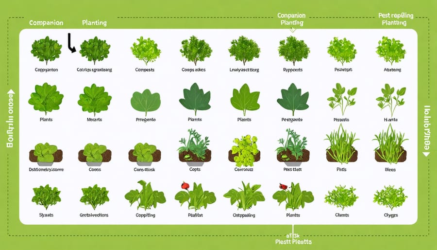 Illustrated guide of companion planting arrangements showing protective plant barriers