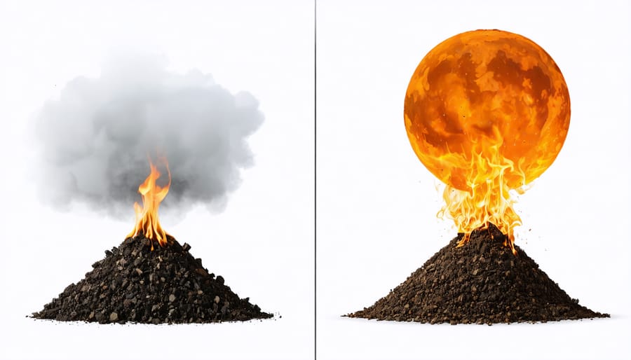 Comparison of crop waste management methods showing burning on left and composting on right