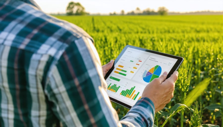 Canadian farmer analyzing digital agricultural data on a tablet computer while standing in a wheat field