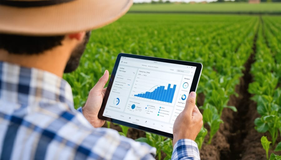 Agricultural professional reviewing water management data on tablet while standing in crop field