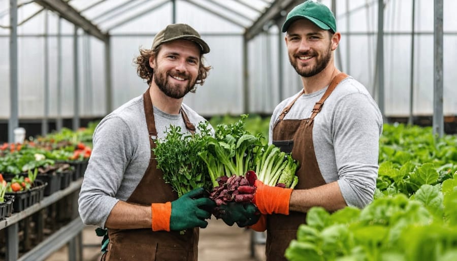 Urban and rural farmers collaborating in an Edmonton greenhouse project