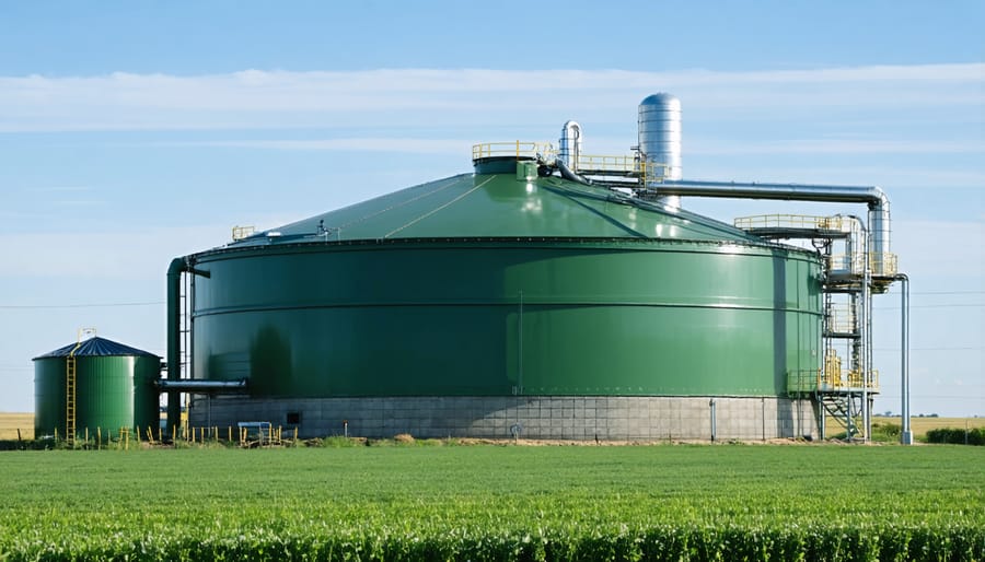 Operating biogas digester facility with storage tanks and piping on a Canadian farm