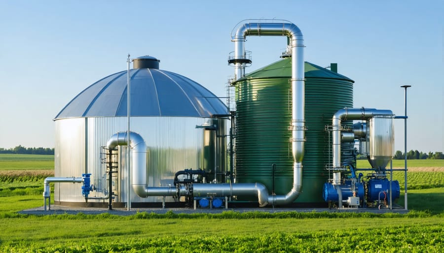 Large-scale anaerobic digester installation with visible tanks and biogas collection system