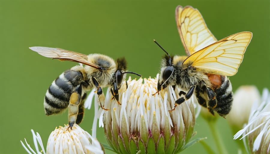 Various beneficial insects pollinating flowers in an agricultural setting