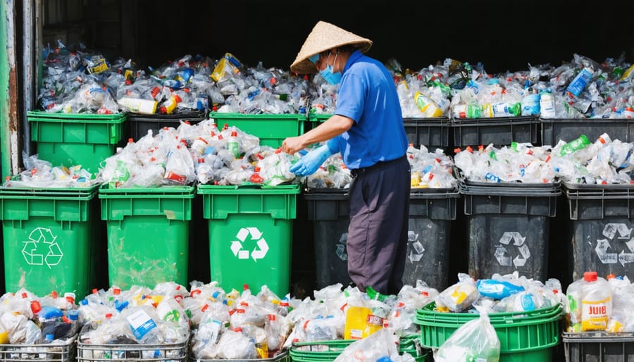 Agricultural worker organizing farm recyclables into color-coded sorting stations