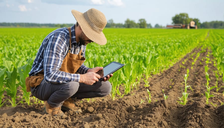 Alberta farmer analyzing digital farm data on tablet in crop field