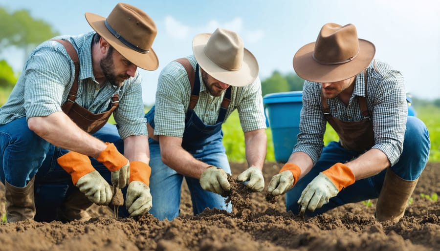 Farmers gathered at a field demonstration event examining soil health practices