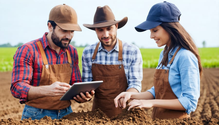 Organic farmers reviewing machine learning soil analysis results on a tablet computer while standing in their crop field