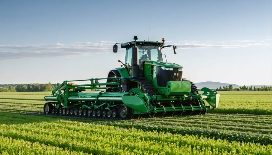 Modern hydrogen fuel cell tractor harvesting wheat in a vast Alberta farm field
