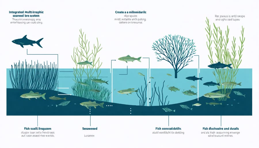 Infographic depicting water flow and species interaction in an integrated multi-trophic aquaculture system
