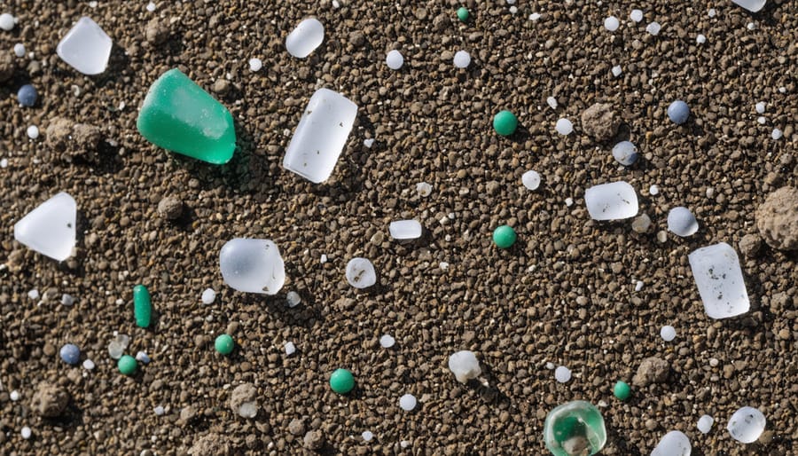 Magnified image showing tiny plastic particles mixed with soil under microscope