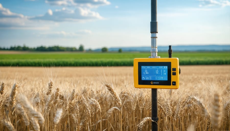 Modern soil monitoring sensors being installed in an Alberta wheat field with farmer examining digital readings