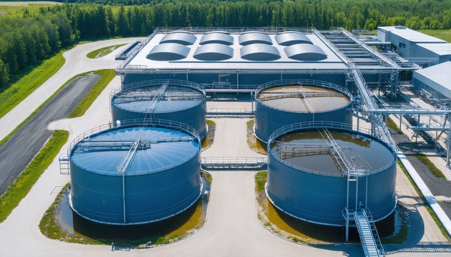 Modern indoor recirculating aquaculture system with multiple circular tanks and water treatment equipment