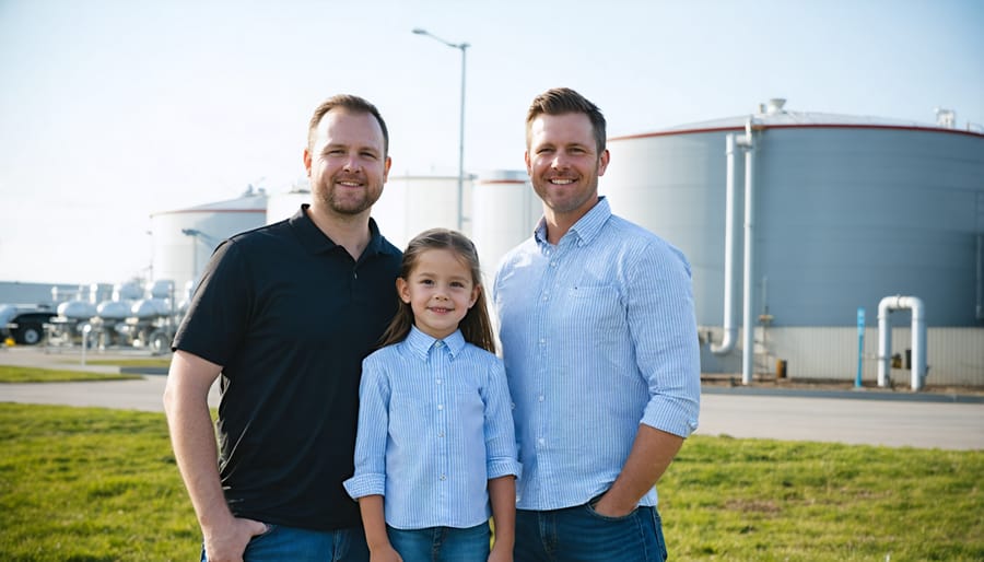 The Morrison family farmers beside their farm's hydrogen fuel storage and dispensing station