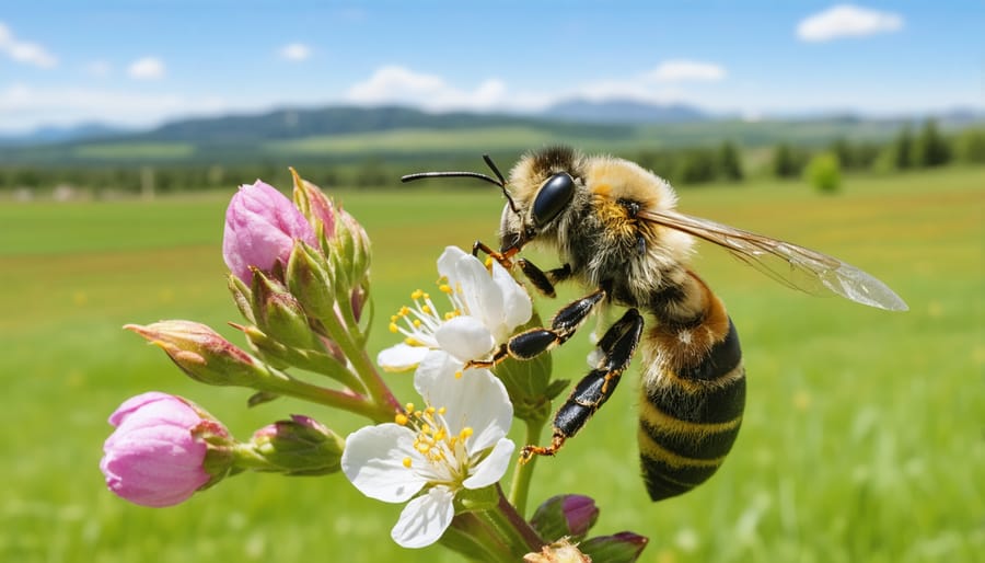 Native bee collecting pollen from white apple blossoms with agricultural fields visible behind