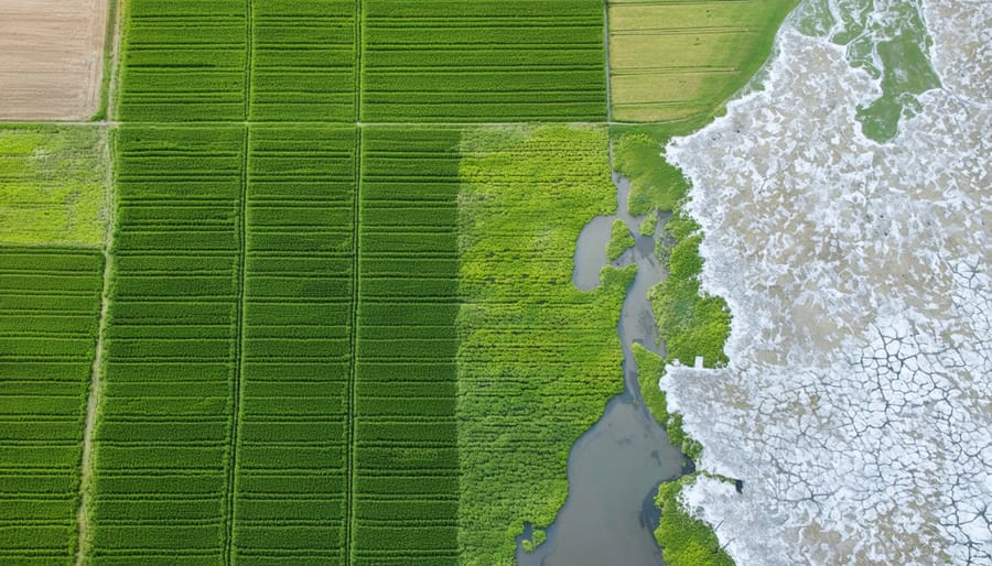 Satellite imagery showing patchwork of farmland and permafrost zones in Northern Alberta