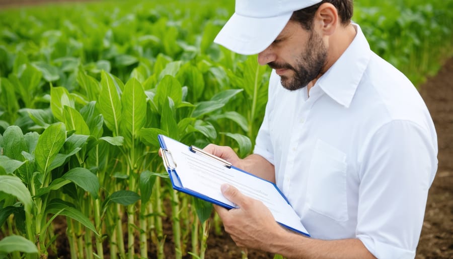 Canadian organic farmer reviewing compliance documentation in a certified organic field