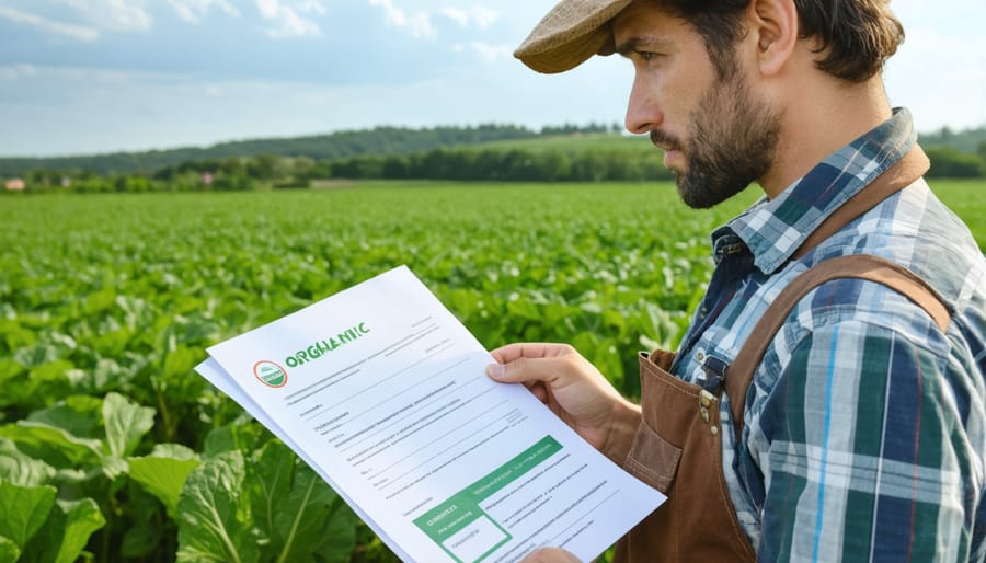 Alberta farmer reviewing organic certification paperwork with agricultural field in background