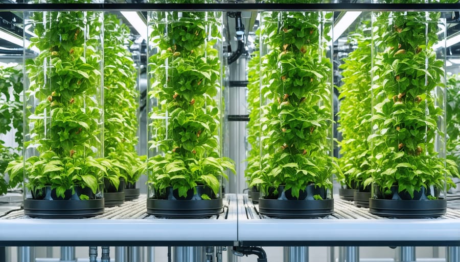 Vertical hydroponic growing system with organic lettuce and herbs in a controlled environment