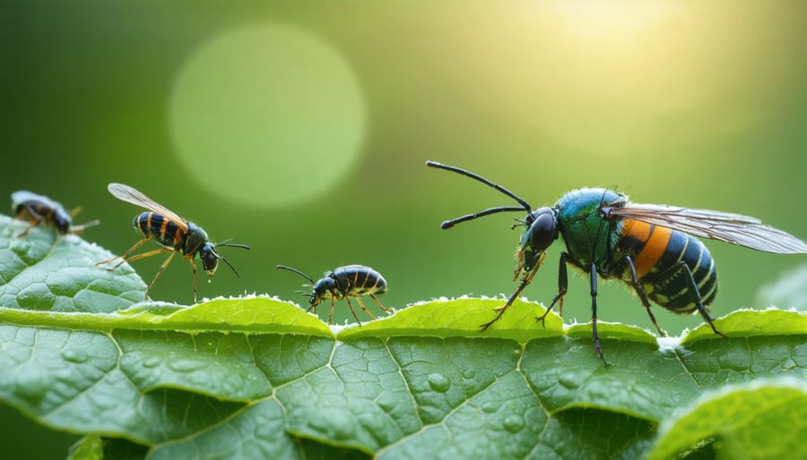 Close-up of ladybugs and other beneficial insects being released onto crops for natural pest control