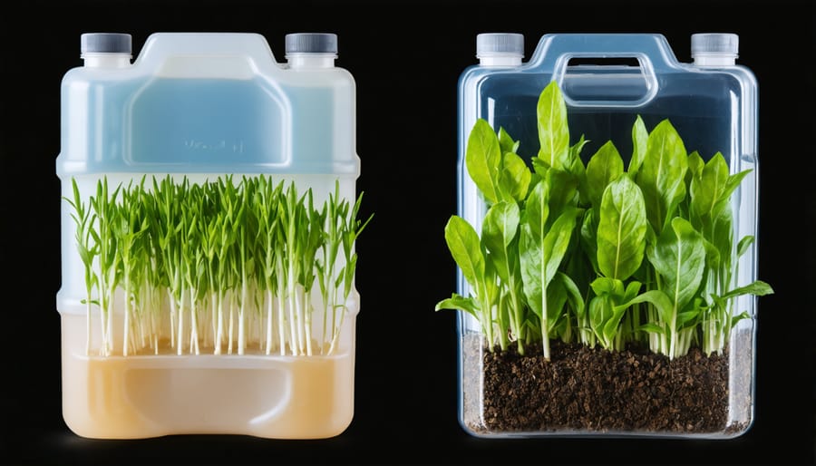 Side-by-side comparison of conventional plastic farm packaging versus eco-friendly biodegradable packaging materials