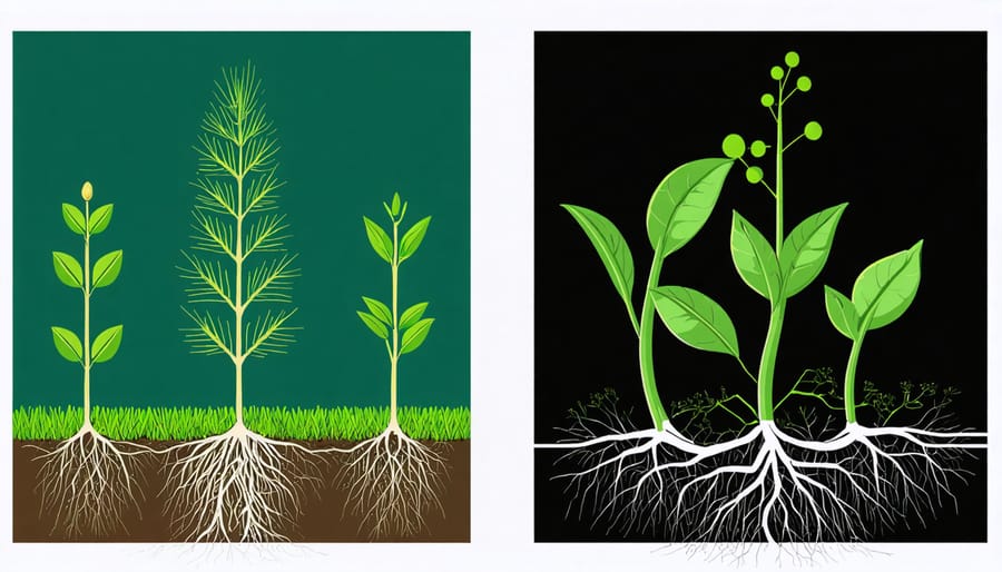 Illustration comparing deep perennial plant roots extending several feet into soil versus shallow annual crop roots