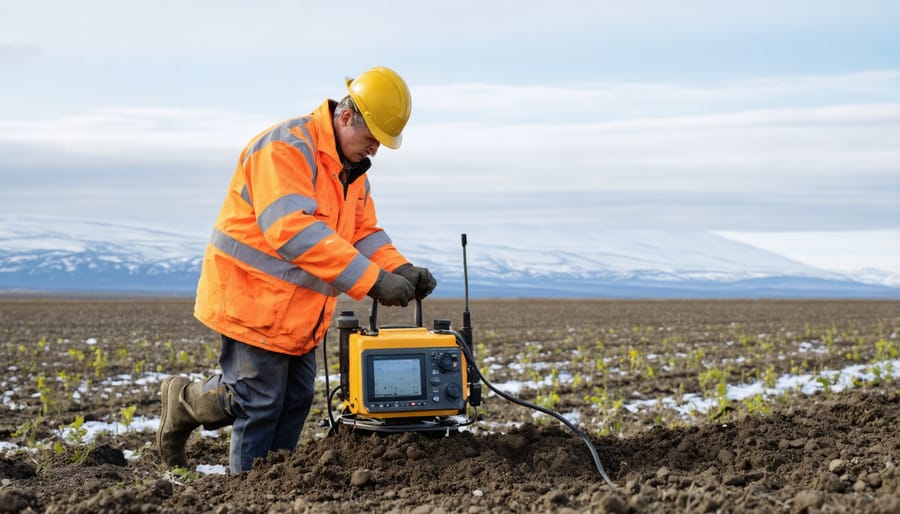 Agricultural worker using digital soil monitoring tools in Northern Alberta farm
