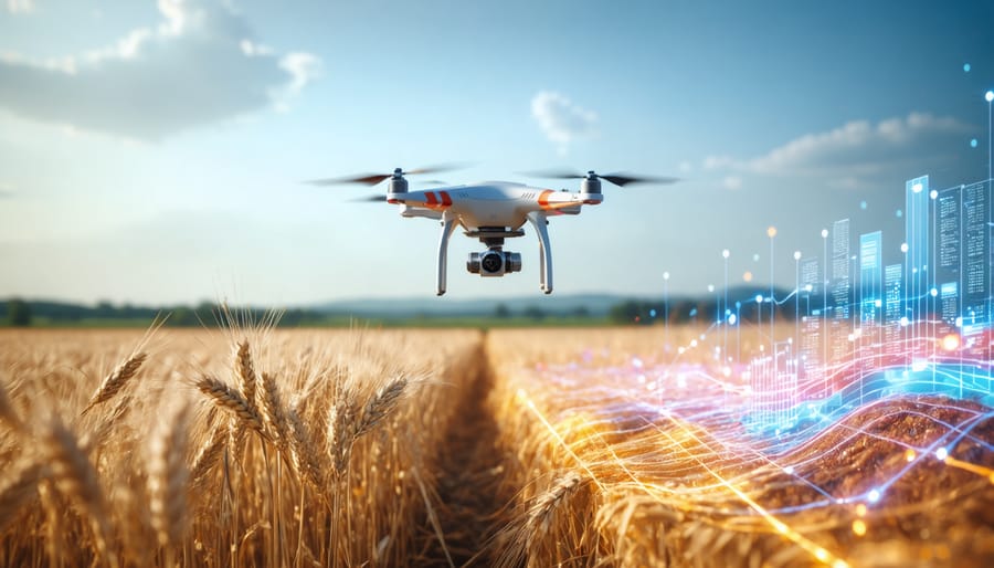 Agricultural drone monitoring crops with digital soil analysis overlay