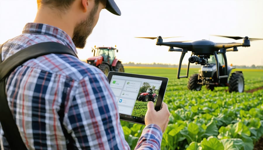 Modern farmer operating agricultural drone and precision farming equipment using tablet computer
