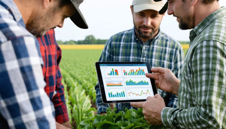Group of Alberta farmers analyzing agricultural data on tablet during knowledge-sharing session
