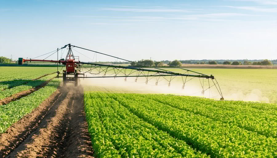 Smart irrigation system with precision controls operating over a green crop field