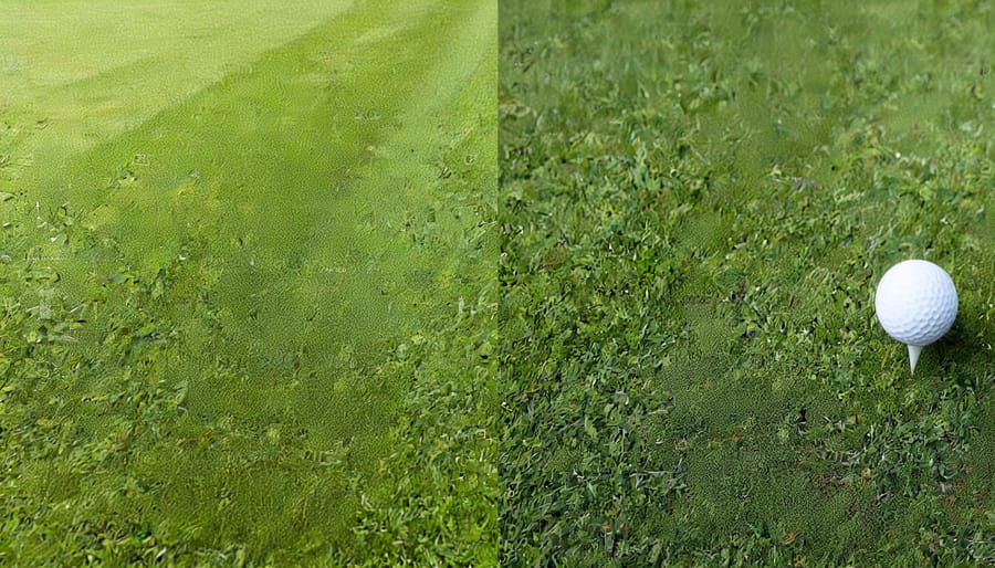 Side-by-side comparison showing golf course turf improvement after subsurface irrigation implementation