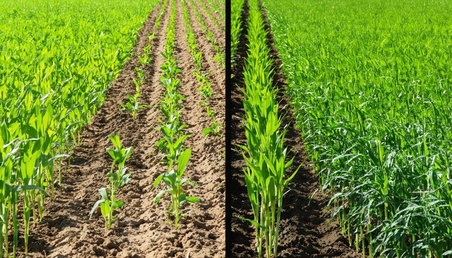 Side-by-side comparison showing soil health difference between conventional and regenerative farming methods