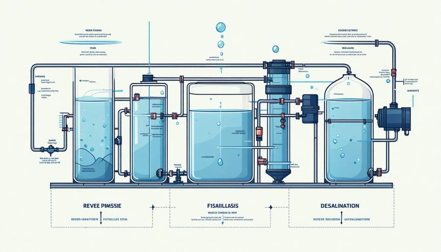 Technical diagram showing components and water flow in a reverse osmosis desalination system