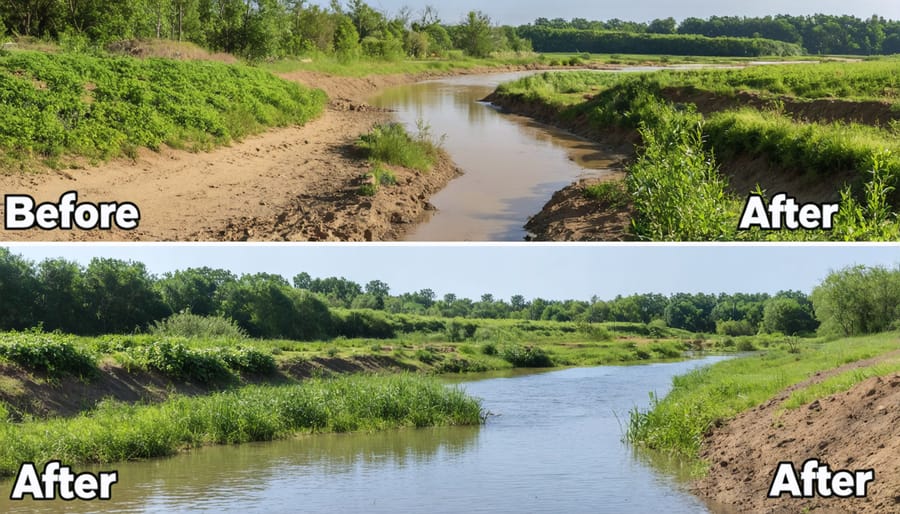Side-by-side comparison of streambank before and after riparian buffer installation