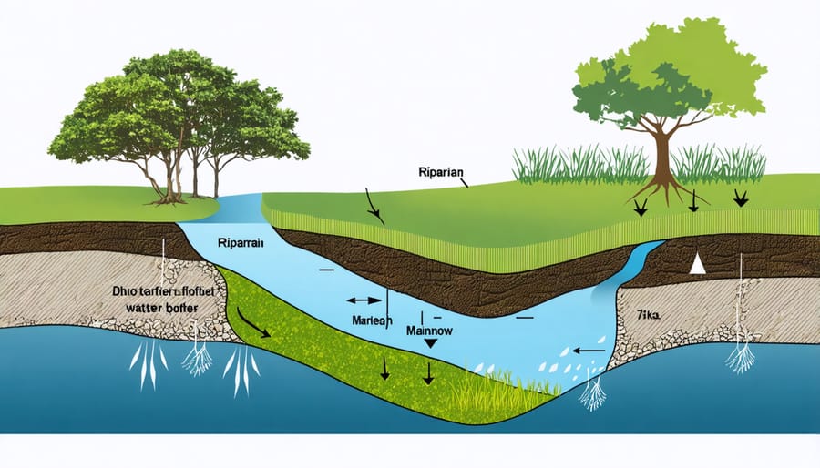 Illustrated diagram of riparian buffer zones showing water filtration process