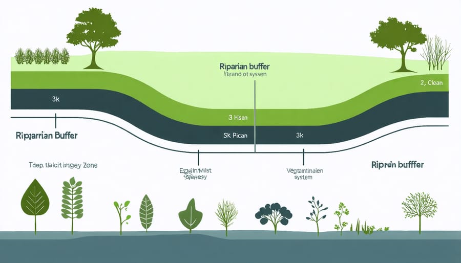 Cross-sectional illustration of riparian buffer zones showing streamside forest, managed forest, and grass strip areas