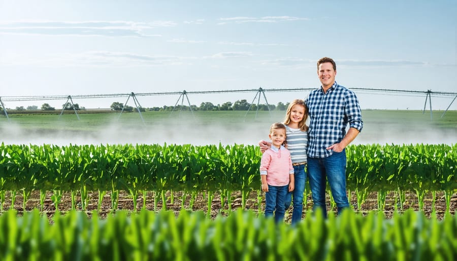 Farmers next to established windbreak trees protecting irrigated cropland