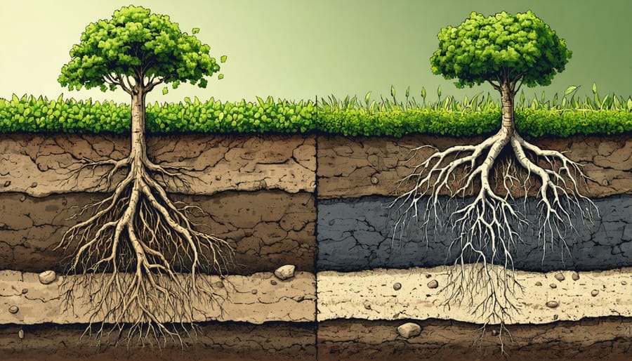 Cross-section diagram showing how tree roots and crop roots interact underground to improve soil structure