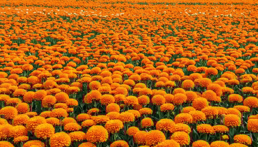 Bird's eye view of blooming safflower field with distinctive orange flowers in arid conditions