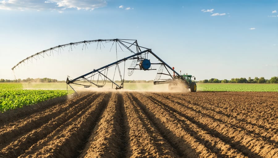 Advanced center pivot irrigation system spraying water over crops in Alberta