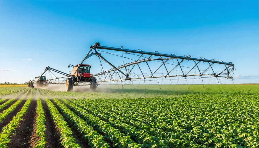 Advanced center pivot irrigation system spraying water over a green crop field during sunset