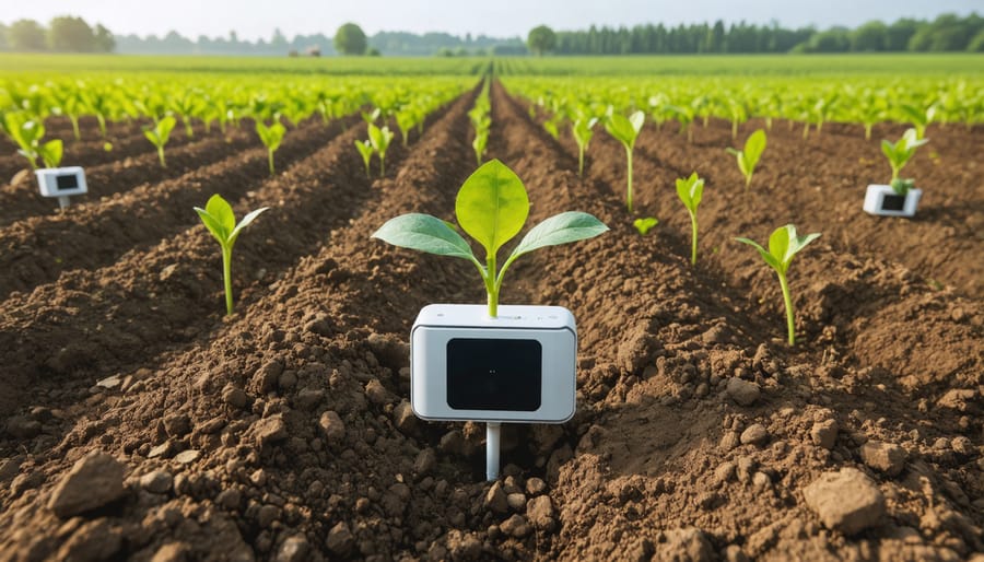 Modern soil monitoring sensors with LED indicators embedded in rich Alberta farmland