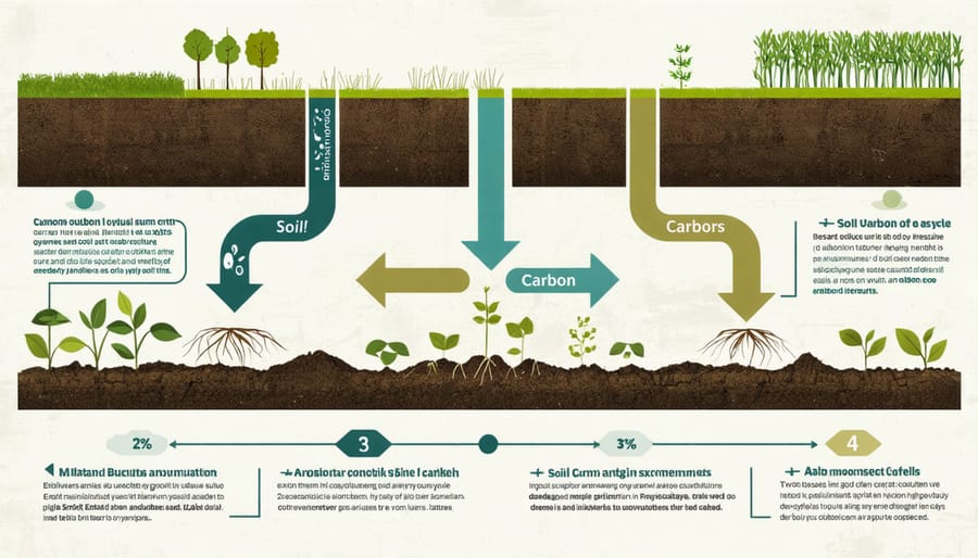 Diagram illustrating carbon flow in agricultural soil systems, showing plant inputs, microbial activity, and atmospheric exchange