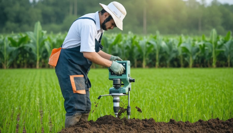Agricultural professional taking soil samples and using digital carbon measurement tools in a wheat field