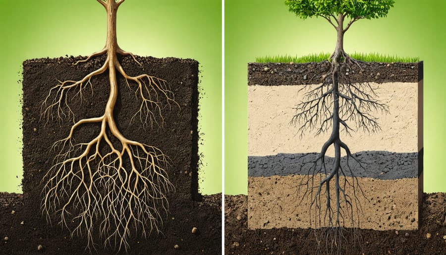 Comparison of carbon-rich soil and tree root systems demonstrating underground carbon storage