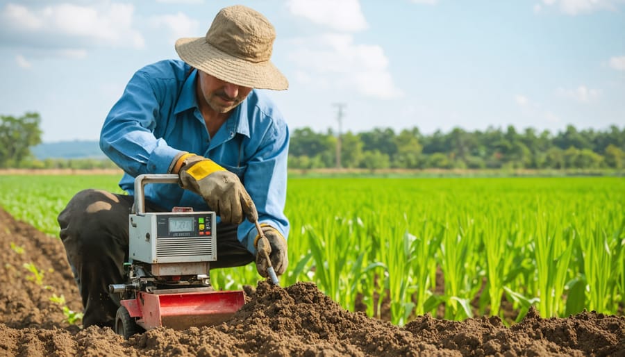 Agricultural professional collecting soil samples and using digital carbon measurement tools